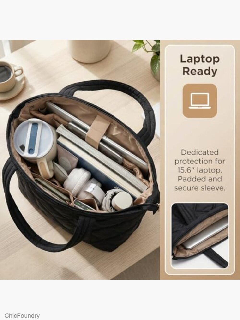Lightweight Puffy Tote Bag with Laptop Compartment, Zip Closure, Crossbody - Picture 3 of 6